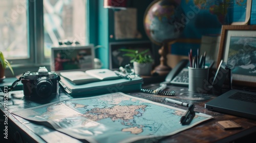 A warmly-lit, inviting scene of a vintage traveler's desk with an old camera, maps, and navigation tools ready for an adventure