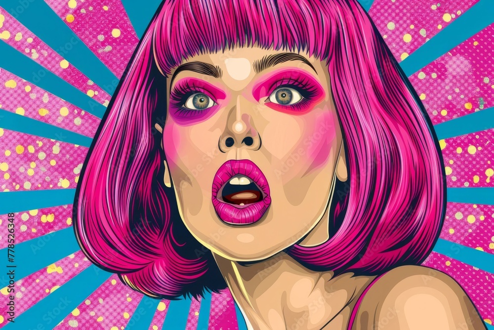 Woman with bright pink wig and makeup, open mouth expression, pop art style digital illustration