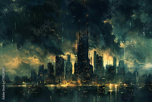 Stormy weather over city skyline, dark clouds and tall skyscrapers, apocalyptic cityscape, digital painting