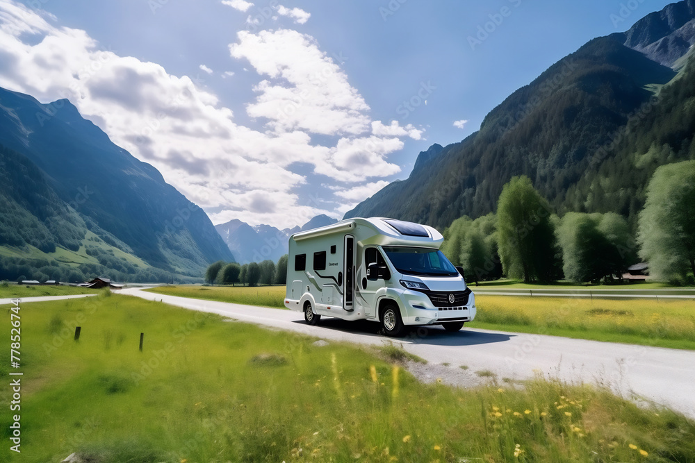 A white motor home driving down a country road A white motor home driving down a country road