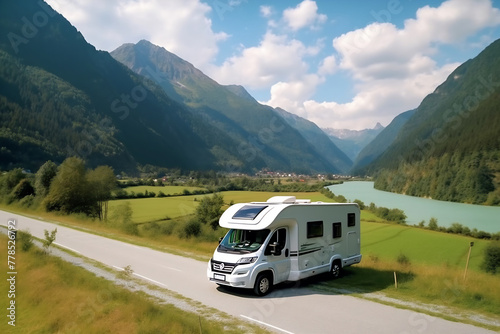 Motorhome on the landscape with mountains and lake. Car traveling illustration. Freedom vacation travel. Caravan design concept