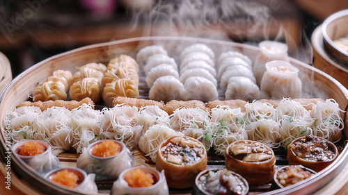 An elaborate display of dim sum, featuring steamed dumplings, buns, and rice noodle rolls on a bamboo steamer. 