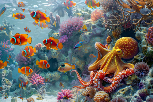 An underwater scene capturing the serene beauty of a coral reef, with a school of colorful fish swimming amongst the corals, and a curious octopus peeking out from its hiding spot.