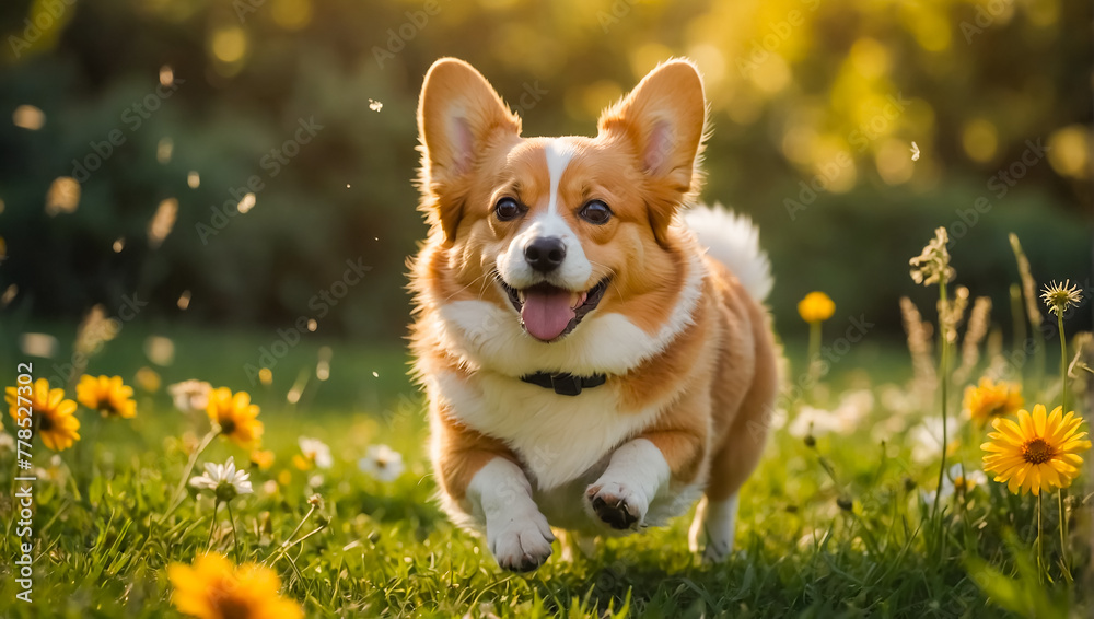 Cute Corgi dog runs on the summer lawn Cute Corgi dog runs on the summer lawn