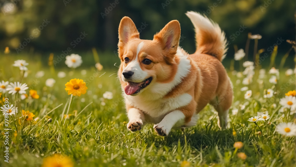 Cute Corgi dog runs on the summer lawn friendship