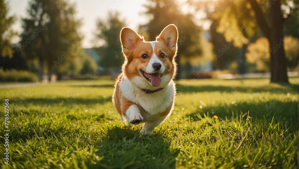 Cute Corgi dog runs on the summer lawn nature