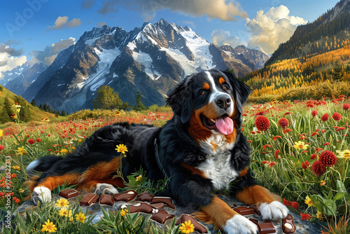 A Bernese Mountain Dog laying in a field of alpine flowers, with a trail of dog-safe chocolate treats leading to its paws, mountains rising majestically in the distance. photo