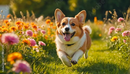 Cute Corgi dog runs on the summer lawn
