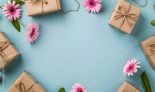 Frame made of craft gift boxes and gerbera flowers on the soft blue background with space for text at center. Greeting card for Valentine's Day, Mother's day or Birthday. Greeting card. Flat lay.