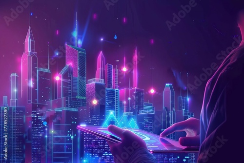 Person using digital tablet with holographic display of modern city buildings  futuristic technology concept illustration