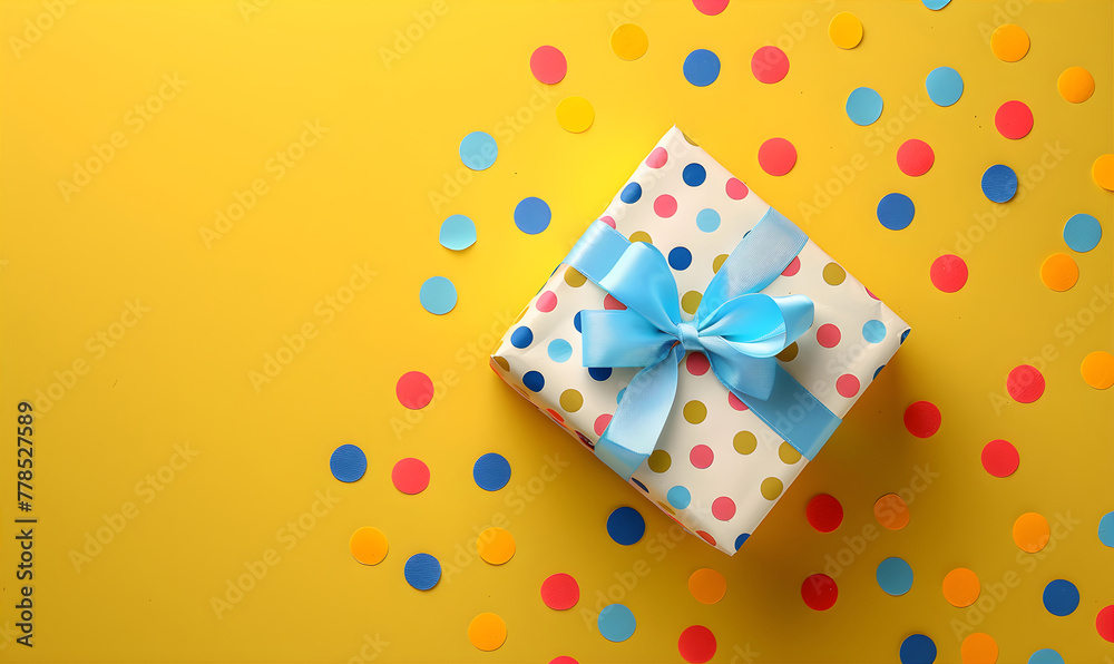 Gift box wrapped in polka dot paper with rope on the vivid orange background. Good for Mother's day or kid's birthday. Greeting card with copy space. Gift box wrapped in polka dot paper with rope on the vivid orange background. Good for Mother's day or kid's birthday. Greeting card with copy space.