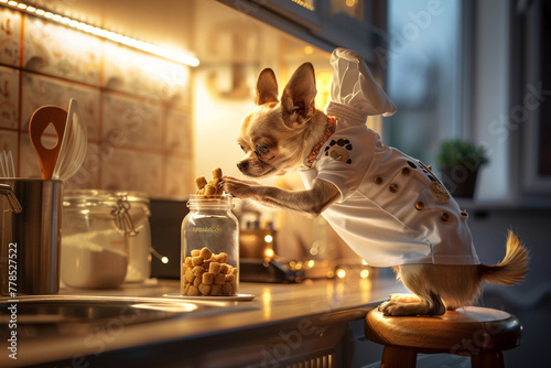 A Chihuahua dressed in a tiny chef's outfit, standing on a stool and reaching for a jar of dog treats on a kitchen counter, with soft, warm lighting.