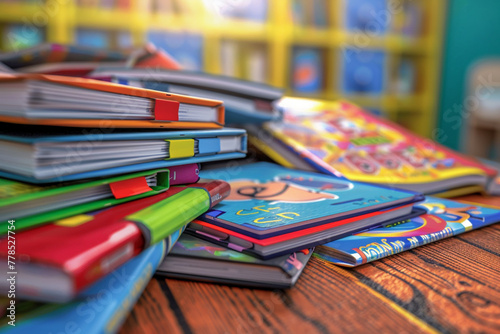 A close-up of a pile of school textbooks and notebooks, with colorful covers and tabs, lying on a wooden desk with a blurred classroom background.