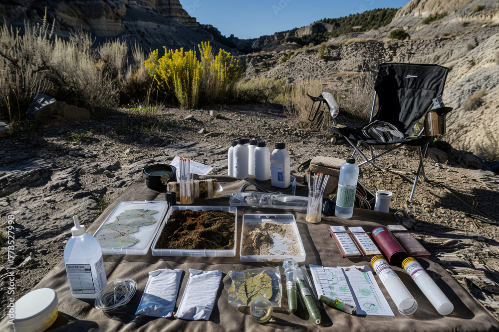 A detailed snapshot of an environmental science fieldwork setup, with soil samples, water testing kits, and geographical mapping equipment laid out on rugged terrain.