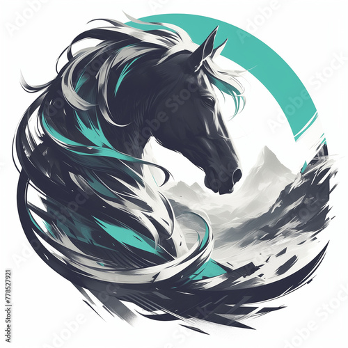 Horse concept graphic poster banner. Horse badge for t-shirt design. Digital artistic raster bitmap illustration. AI artwork.