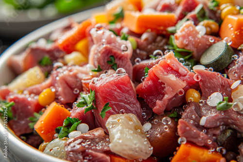 A detailed macro shot of a bowl of organic, raw dog food, highlighting the variety of textures and colors from meats, vegetables, and supplements