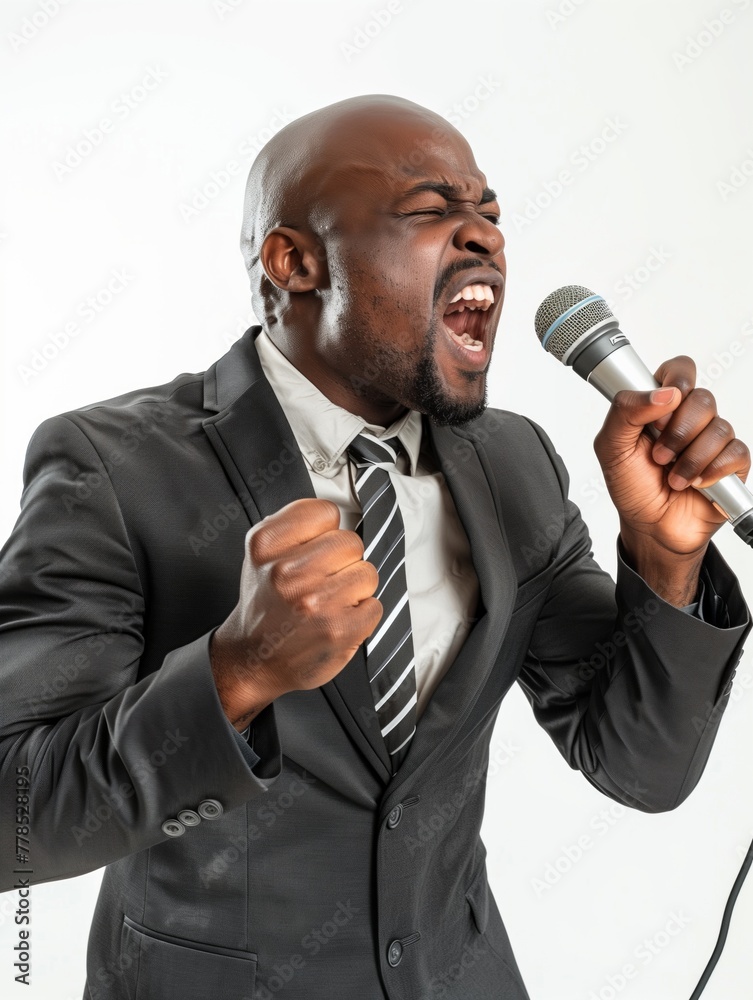 A black businessman holding a metal microphone in his hands and acting very energetically A black businessman holding a metal microphone in his hands and acting very energetically