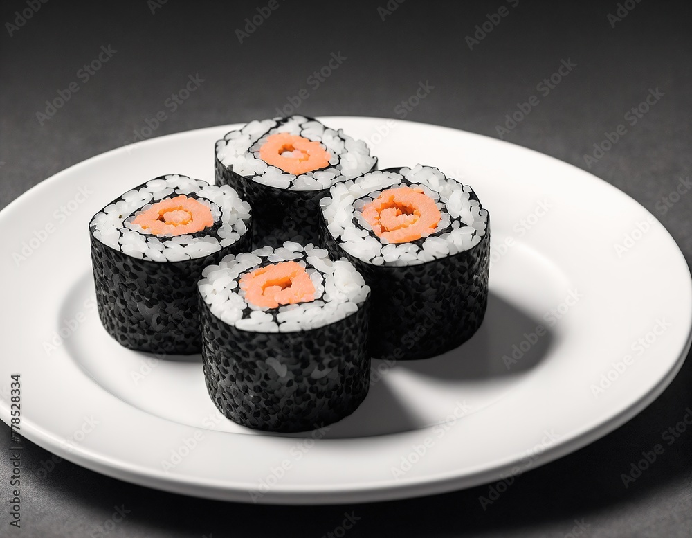A plate with three sushi rolls on it. A plate with three sushi rolls on it.