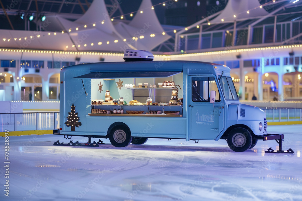 A light blue food truck at an ice skating rink, its interior set up for serving hot chocolate and winter treats. 