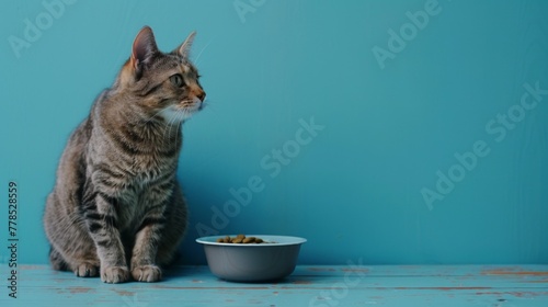 Cat sits near food bowl wallpaper background © Irina