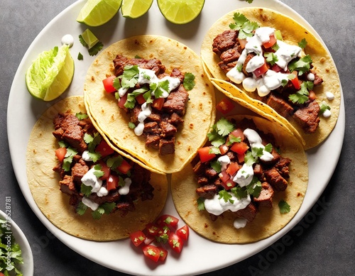 Three tacos with shredded beef, salsa, and sour cream on a plate.