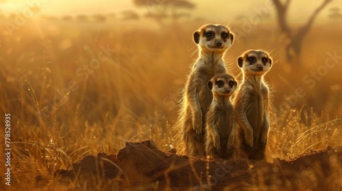 A family of meerkats, standing guard over their burrow with vigilant eyes as they watch for signs of danger on the vast African savanna.