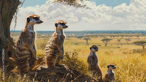 A family of meerkats, standing guard over their burrow with vigilant eyes as they watch for signs of danger on the vast African savanna. photo