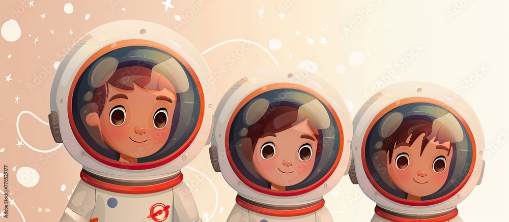 Three kids in space suits stand together, each with a grin on their ...