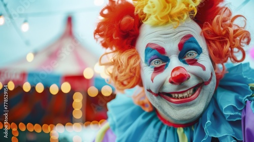 Scary clown on circus tent wallpaper background © Irina