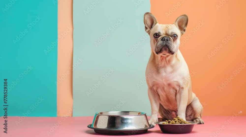 Dog sits near food bowl wallpaper background