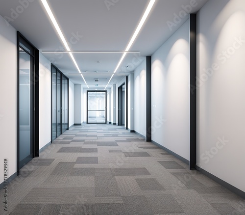 An image of a long  empty corridor with white walls and gray carpet.