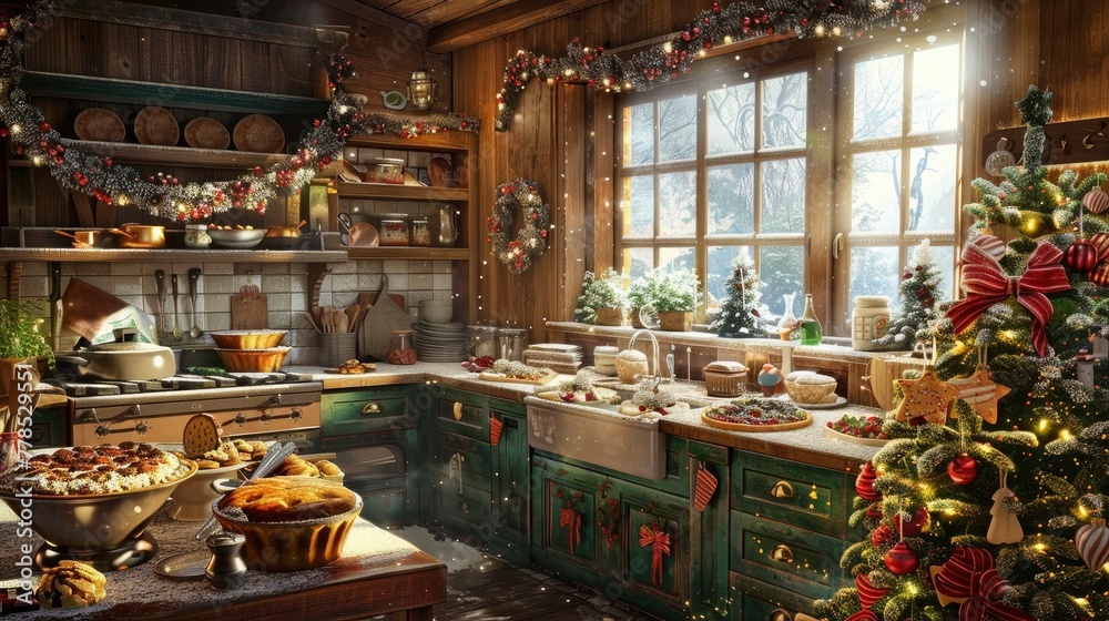 A festive holiday baking scene, with a rustic kitchen adorned with festive decorations and filled with the aroma of freshly baked cookies and pies, as friends and family gather to bake and decorate de