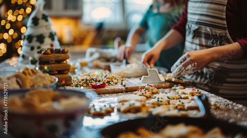 A festive holiday baking session in a cozy kitchen, with families and friends gathered around a countertop adorned with cookie cutters, sprinkles, and icing, creating delicious treats and cherished me photo