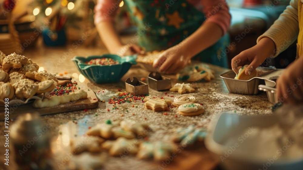 A festive holiday baking session in a cozy kitchen, with families and friends gathered around a countertop adorned with cookie cutters, sprinkles, and icing, creating delicious treats and cherished me