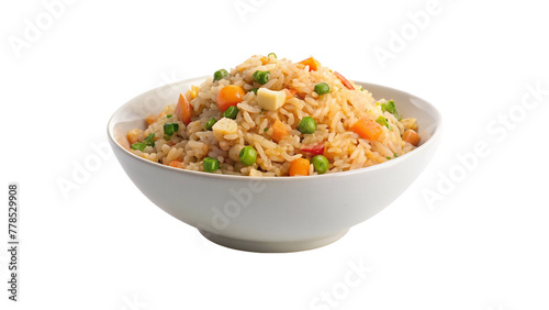 Veg Schezwan Fried Rice on white bowl isolated on transparent background.