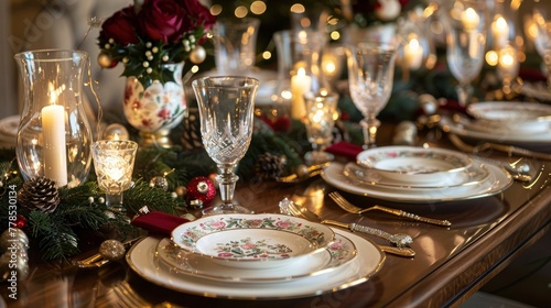 A festive holiday dinner table set with fine china, crystal glassware, and elegant centerpieces, adorned with twinkling candles and seasonal decorations, ready to welcome guests for a memorable holida