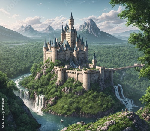 A beautiful castle sitting on top of a hill, surrounded by lush greenery and a river flowing in the background.