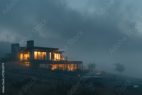 An expansive shot of a modern dwelling as the evening fog rolls in, with the house's lights offering a beacon of warmth and clarity against the soft, mysterious exterior atmosphere. © Nusrat arts 