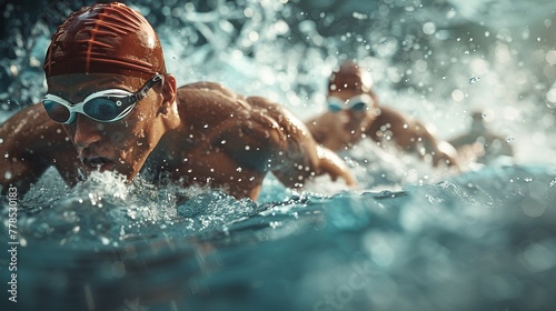 Fitness enthusiasts competing in a swimming contest, pushing themselves to the limit, 3D illustrate fantasy
