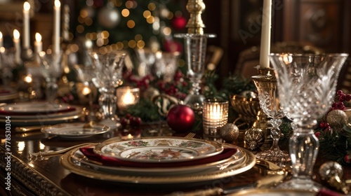 A festive holiday dinner table set with fine china, crystal glassware, and elegant centerpieces, adorned with twinkling candles and seasonal decorations, ready to welcome guests for a memorable holida
