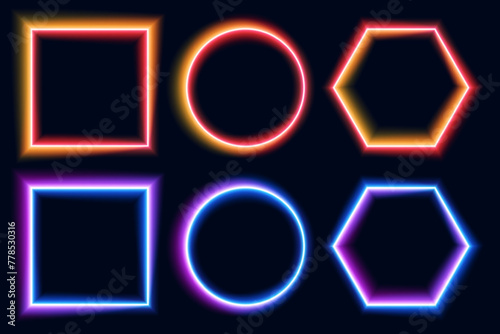 Neon frames colorful set, vector glowing shapes.