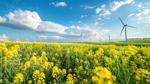 Wind turbines. Alternative energy resources. Natural energy sources. Windmill farm in the rapeseed field - Generative AI