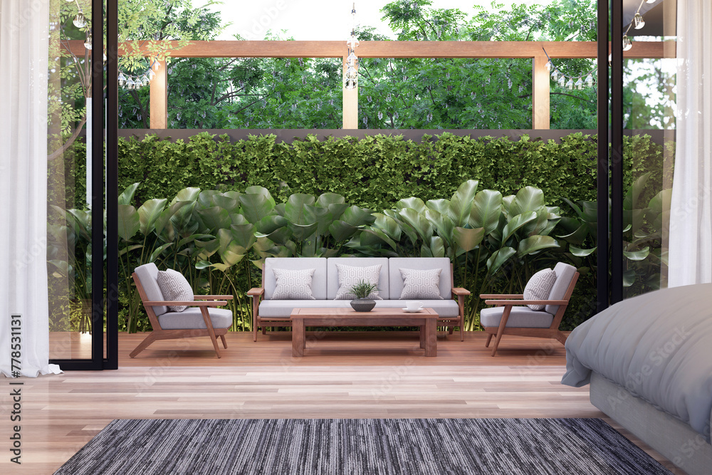 Modern contemporary wooden terrace of bedroom with green nature fence background 3d render view from inside overlooking wooden furniture for relaxation