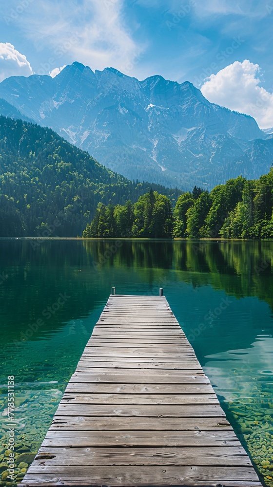 lake in mountains with wooden pier