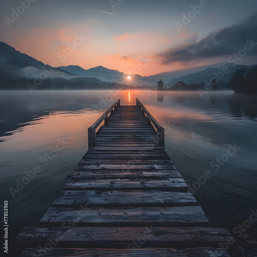 Harmonic Tranquillity: Serene Lake at Sunset with Rustic Dock and Far-off Lighthouse