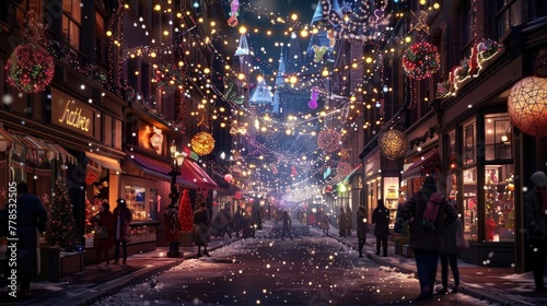 A festive holiday shopping scene  with bustling city streets adorned with twinkling lights and colorful decorations  as shoppers browse storefronts and market stalls in search of the perfect gifts for