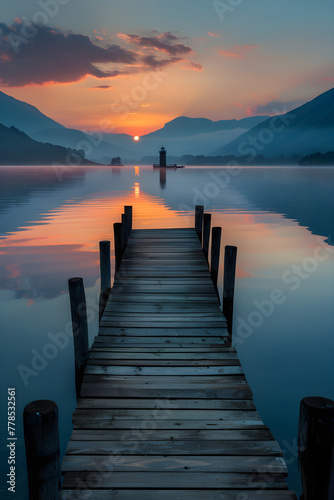 Harmonic Tranquillity: Serene Lake at Sunset with Rustic Dock and Far-off Lighthouse © Curtis