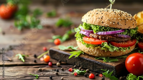 A healthy fast food option: a vegan rye burger topped with fresh vegetables, presented on an old wooden background. photo