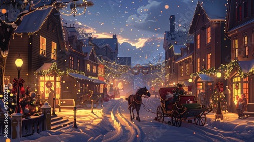 A festive holiday sleigh ride through a charming village scene, with a horse-drawn sleigh gliding past decorated storefronts and twinkling lights, spreading joy and holiday cheer to all who pass by.