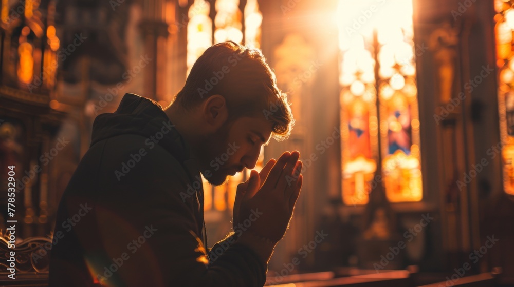 Christian catholic man prey in church wallpaper background Christian catholic man prey in church wallpaper background
